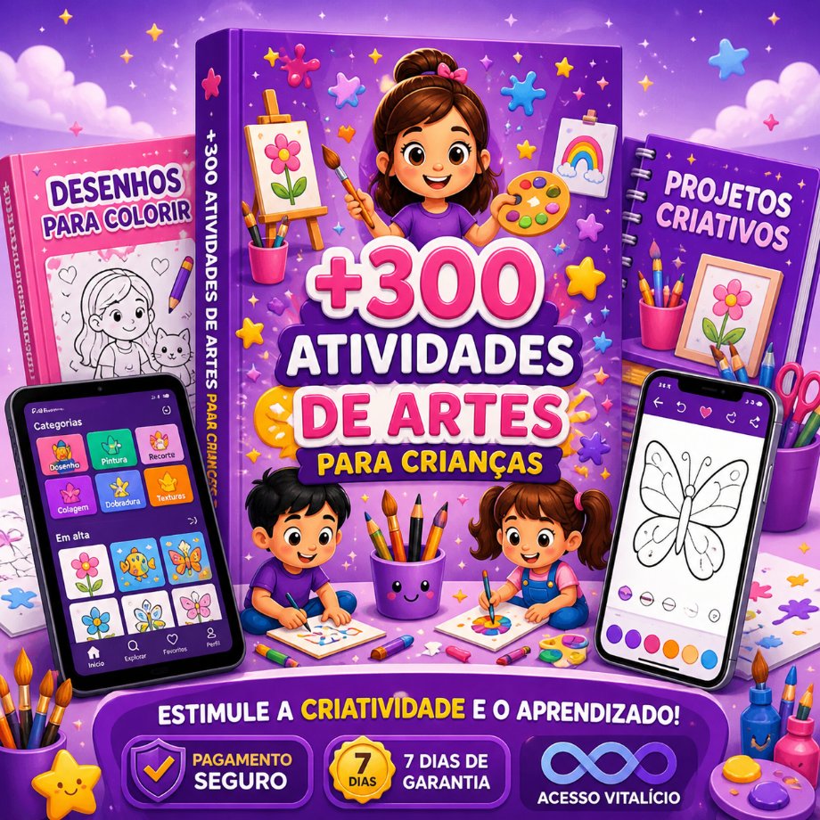 +300 Atividades de Artes para Crianças — capa do material com desenhos para colorir, projetos criativos e selos de pagamento seguro, 7 dias de garantia e acesso vitalício
