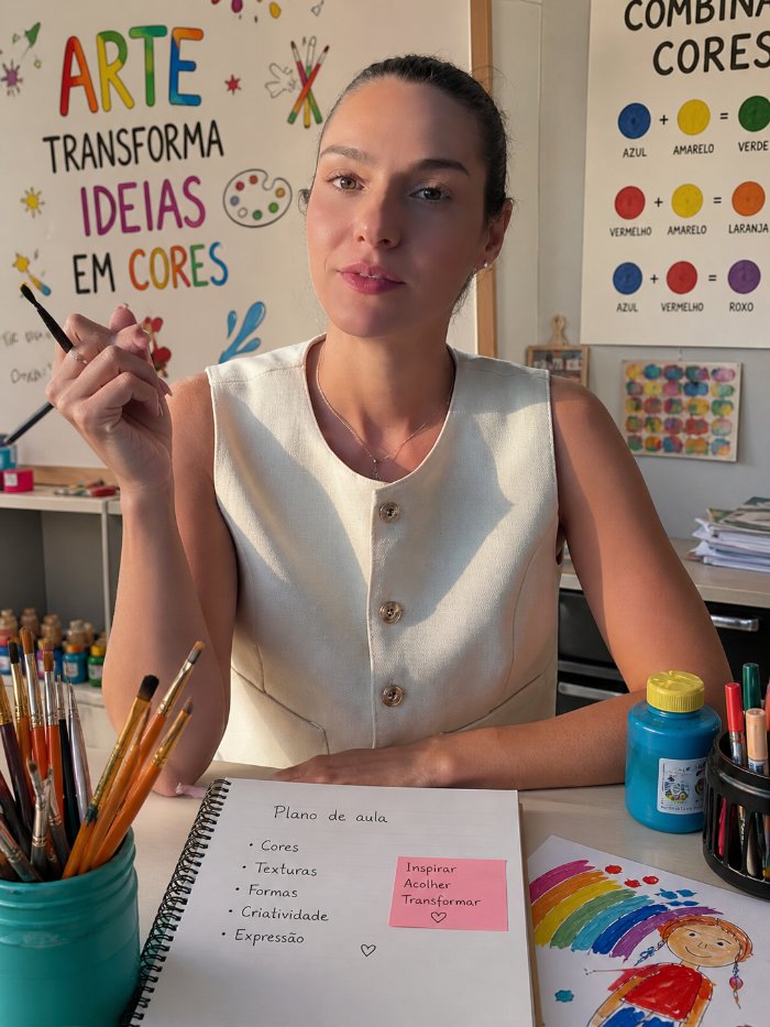 Foto da Prof. Luiza Meirelles em sua sala de aula de arte